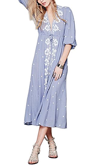 R.Vivimos Women Boho Floral Embroidered Casual Drawstring Tie Cotton Long Dresses