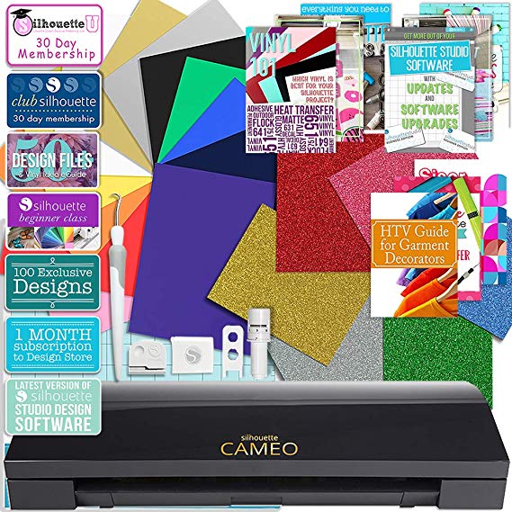 Silhouette Black Cameo 3 Bluetooth Heat Transfer T-Shirt Vinyl Bundle with Siser Vinyl, Swatch Book, Guides, Class, Membership and More
