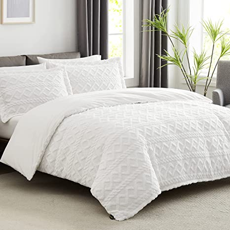 TOPCEE White Duvet Cover Queen Size-Tufted Queen Duvet Cover Set-Extremely Fluffy Soft Plush, 3 Pieces with Zipper Closure (1 Bedding Duvet Cover 90x90 inches and 2 Pillow Shams)