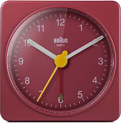 Braun Classic Travel Analogue Clock, Compact Size, Quiet Quartz Movement, Crescendo Beep Alarm in Red, Model BC02R, One