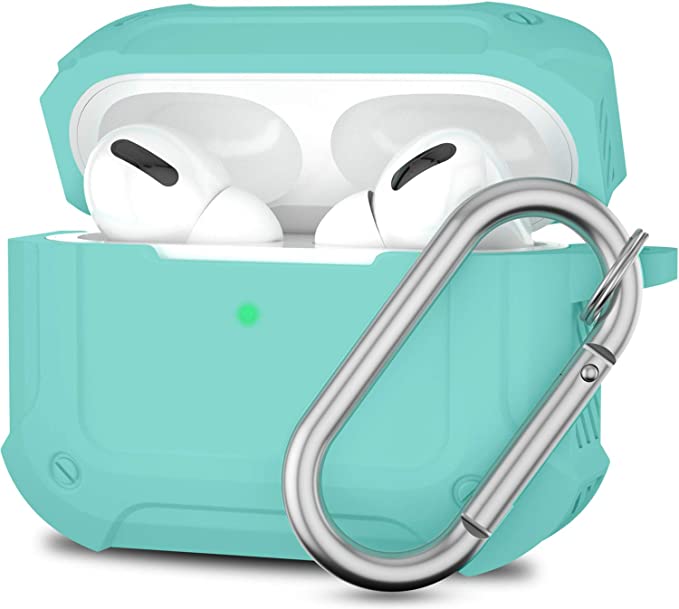 ATUAT Case Designed for AirPods Pro, Full-Body Protective Cover, Bumper Absorbs Shock, Anti-Fall, Anti-Scratch, Durable Silicone Case with Metal Carabiner, Mint Green
