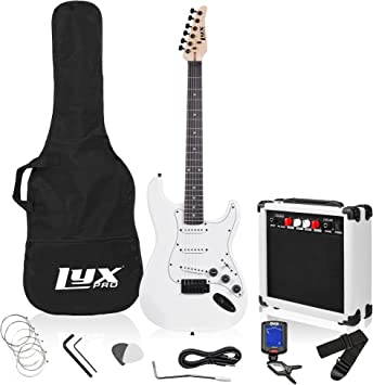 LyxPro 39 inch Electric Guitar Kit Bundle with 20w Amplifier, All Accessories, Digital Clip On Tuner, Six Strings, Two Picks, Tremolo Bar, Shoulder Strap, Case Bag Starter kit Full Size - White