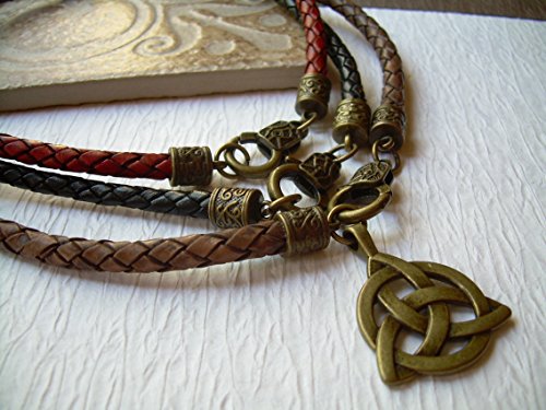 Mens Leather Braided Necklace with an antique bronze toned Triquetra pendant