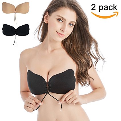 GAOGE Invisible Adhesive Bra,Pack of 2,Women's Strapless Push-up with Drawstring Silicone Bras