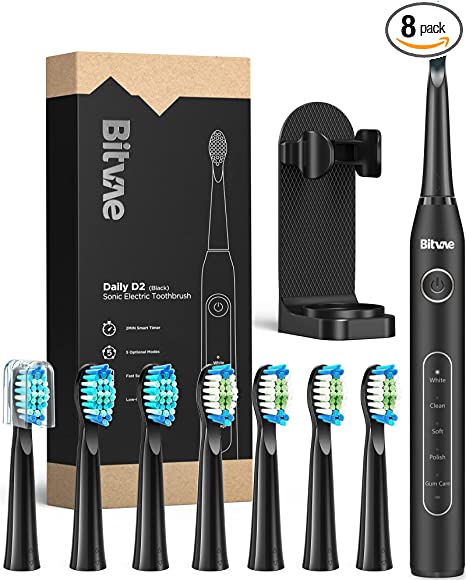 Sonic Electric Toothbrush, Bitvae Daliy D2 Rechargeable Electric Toothbrush for Adults and Kids, Ultrasonic Toothbrush with 8 Toothbrush Heads, Black