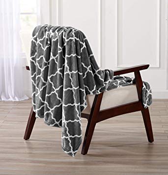 Home Fashion Designs Velvet Plush Soft Throw Blanket with Lattice Scroll Design (Steel Grey)