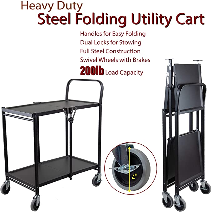 Rod Desyne Commercial Grade Rolling Folding Utility Cart, 2 Tier, Metal