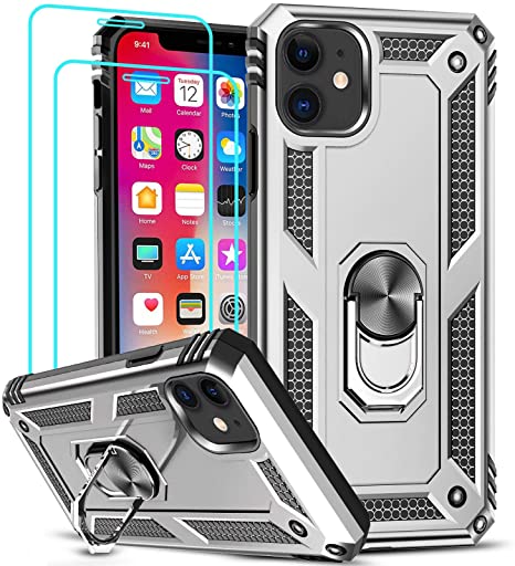 LeYi Compatible for iPhone 11 Case with [2 Pack] Tempered Glass Screen Protector, Military-Grade Armor Phone Cover Case with Ring Magnetic Car Mount Kickstand for iPhone 11 6.1 inch, Silver