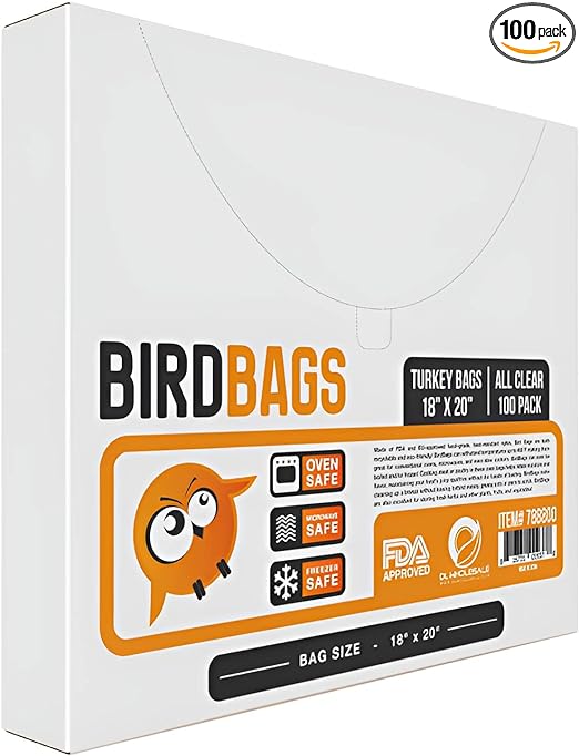 BirdBags Turkey Bags, 18” x 20” 100 Pack, USA & EU-Approved, Freezer Safe, Oven Safe, Great Heat-Safe 450*F Cooking Bags for Oven & Turkey Brining, Heavy Duty Oven Bags for Turkey
