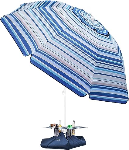 OutdoorMaster Beach Umbrella with Sand Bag - 6.5ft Beach Umbrella with Sand Anchor, UPF 50  PU Coating with Carry Bag for Patio and Outdoor (New Version-Blue/White Striped with Cup Holder)