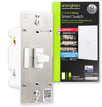 GE 43074 Enbrighten Z-Wave Plus Smart Light Switch, QuickFit & SimpleWire, Commercial 120/277VAC Toggle, Works with Alexa, Google Assistant Zwave Hub & Neutral Wire Required, White