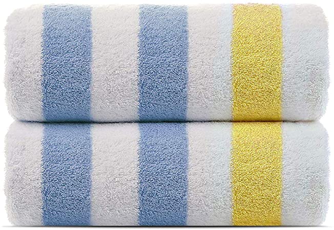Premium Quality 100% Cotton Turkish Cabana Thick Stripe Pool Beach Towels 2-Pack (Blue-Yellow, 35x65 Inch)