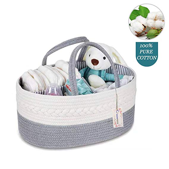 SIGNREE Cotton Rope Baby Diaper Caddy Organizer - Nursery Diaper Tote Bag with Dividers for Diapers & Wipes with Sturdy Handles | Baby Shower Gift Basket | Portable Car Travel Organizer (Grey)