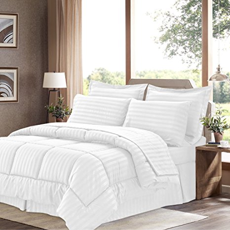 Sweet Home Collection 8 Piece Bed In A Bag with Dobby Stripe Comforter, Sheet Set, Bed Skirt, and Sham Set - King - White