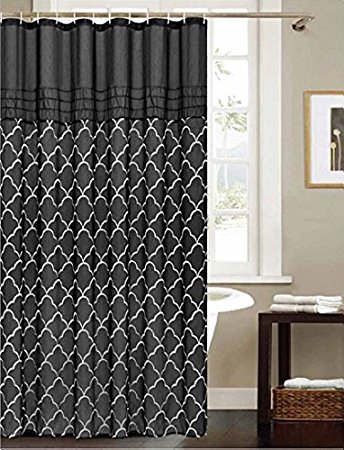 Black Fabric Shower Curtain: Embroidered Silver Trellis Design, 70" x 72"