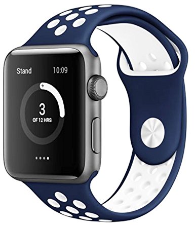 SELLERS360 Soft Durable Nike   Sport Replacement Wrist Strap for iWatch Series 1 Series 2 Apple watch band (Navy Blue/White 42mm M/L)