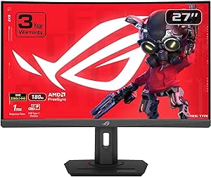 ASUS ROG Strix 27” 1440P HDR400 USB-C Curved Gaming Monitor (XG27WCS) - QHD (2560 x 1440), 180Hz, 1ms, Fast VA, 125% sRGB, DCI-P3 95%, ELMB Sync, FreeSync, DisplayWidget, Tripod Socket, 3yr warranty