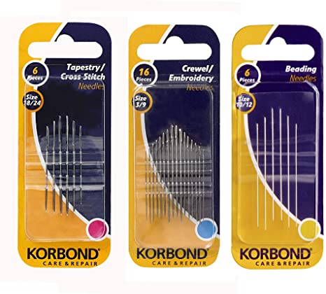 Korbond Triple Set Tapestry/Cross Stitch, 6 Beading 16 Crewel/Embroidery 28 Needles in Total for Hand Sewing, Repairs, Mending and Crafting, 4.8cm
