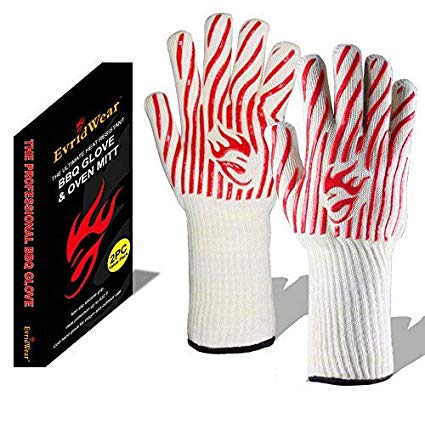 Evridwear 932°F Extreme Heat Cut Resistant BBQ Gloves Oven Mitts, Non-Slip Silicone Coated Pot Holders Cooking, Baking, Grilling, Camping, Fireplace Microwave (Extended Cuff, Red Stripe)