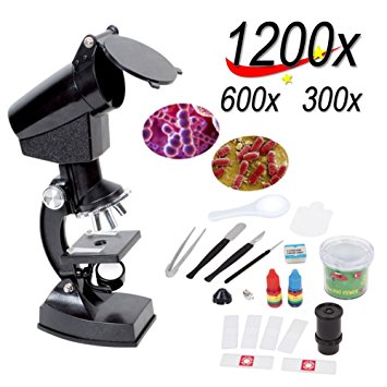 YBB Student Beginner Microscope With LED,300X/600X/1200X Magnification,Includes Accessory Set and Box