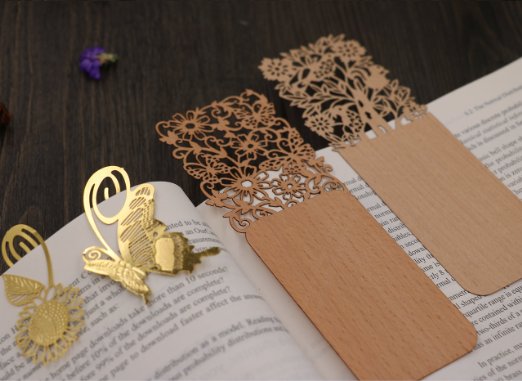 Wooden Bookmark, Delicate Hollow Wooden Bookmark and Golden Metal Bookmark, Graceful and Eye-catching Toughness Book Mark, Pack of 4 ( 2 Pcs Wooden and 2 Pcs Metal) (Pattern 2)