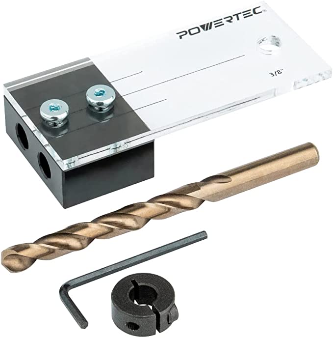 POWERTEC 71497 Dowel Drilling Jig with Cobalt M-35 Drill Bit and Split Ring Stop Collar, 3/8-Inch