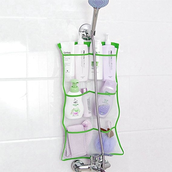 Quick Dry Hanging Bath Organizer with 6 Pockets, Hang on Shower Curtain Rod / Liner Hooks, Shower Organizer, Mesh Shower Organizer, Mesh Shower Caddy,Bathroom Accessories color (green)24.4inch x14inch