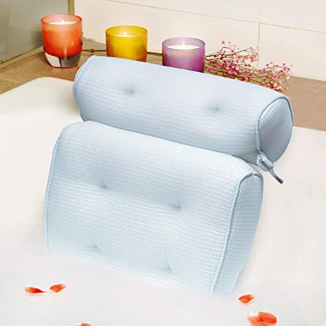 Bath Pillow Organic Tencel Bathtub Pillow - Upgraded 3D Air Mesh Bath Pillow with Head, Neck, Back and Shoulder - Ultra Soft and Quick Dry Spa Pillow for Bathtub - Light Blue