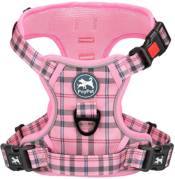 PoyPet No Pull Dog Harness, [Release at Neck] Reflective Adjustable No Choke Pet Vest with Front & Back 2 Leash Attachments, Soft Control Training Handle for Small Medium Large Dogs