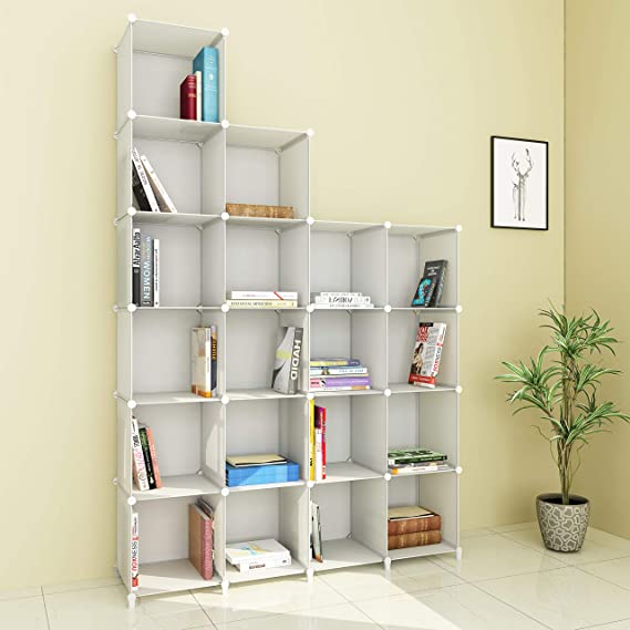 JOISCOPE Portable Storage Organizer Plastic Cubes Sturdy Bookshelf Multi-Function Space-Saving Shelves Plastic Sheves Rack (20-Cubes, White)