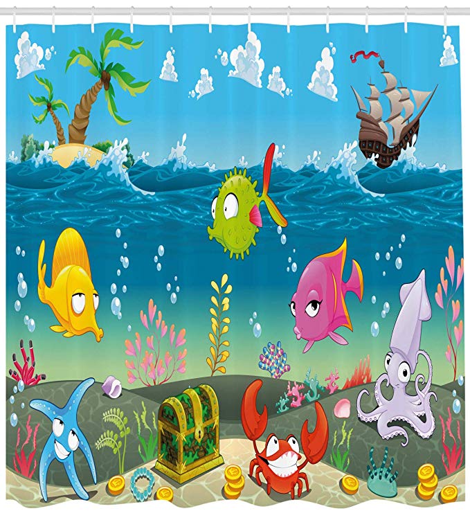 Ambesonne Animal Shower Curtain, Funny Sea Animals Underwater Ocean View with Sail Boat Palm Trees Cartoon Artwork, Cloth Fabric Bathroom Decor Set with Hooks, 84 Inches Extra Long, Multicolor