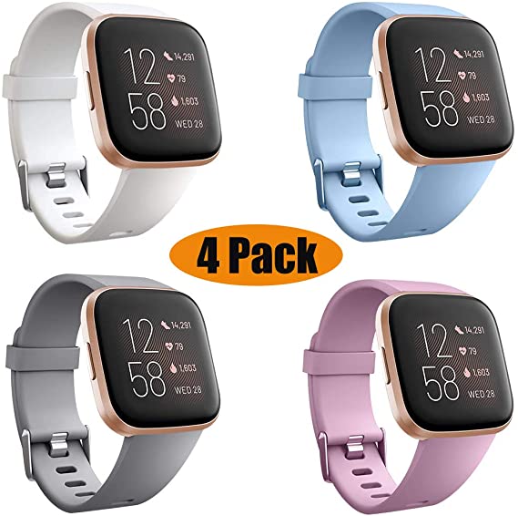 SZBAMI 4 Packs Bands Compatible with Fitbit Versa/Versa 2/Versa Lite/Special Edition Soft Silicone Sport Strap Replacement Wristband for Fitbit Versa Smart Watch Women Men Small Large