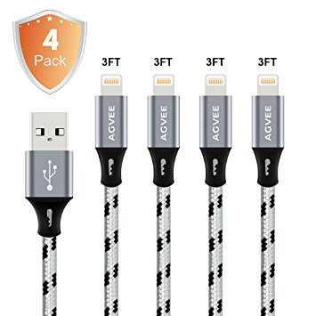 Ends Tip Never Break and Cruel 4A Current Heavy Duty, Agvee 4Pack 3FT Lightning Cable Set Charger Nylon Braided Durable Fast Cord Certified to USB Sync Charging for Apple iPhone X 8 7 6(Black in Gray)