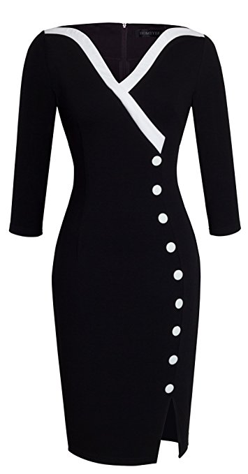 HOMEYEE Women's Elegant V-neck Big Button Hem Split Slim Bodycon Casual Vintage Dress B335