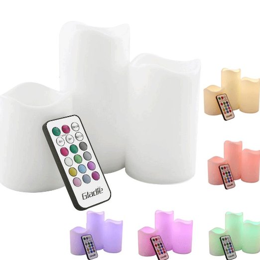Gladle LED Candles With Remote Control Weatherproof Flameless Colour Changing & Timer 4"/5"/6" Candles Set of 3