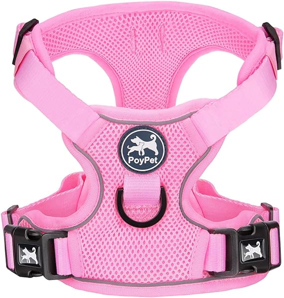 PoyPet Reflective Soft Breathable Mesh Dog Harness No Choke Double Padded Vest Adjustable(Light Pink,XL)