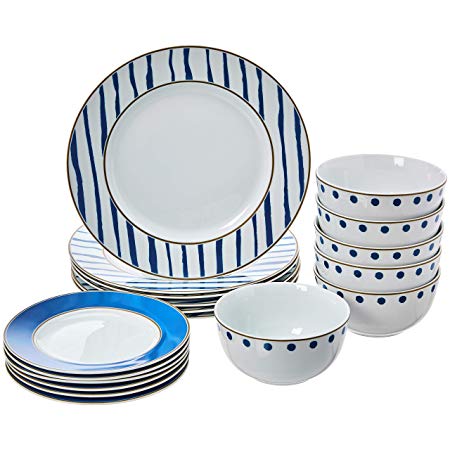 AmazonBasics 18-Piece Dinnerware Set - Blue Accent, Service for 6