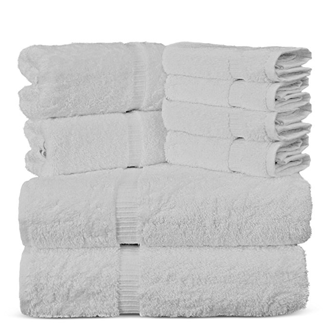 Luxury Spa and Hotel Quality Premium Turkish 8 Pieces Towel Set (2 x Bath Towels, 2 x Hand Towels, 4 x Wash Cloths, White)