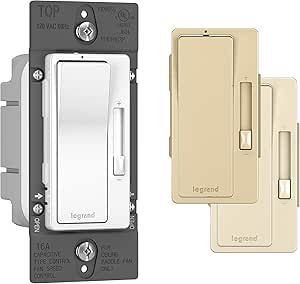 Legrand radiant RHDH163PTCCCV6 1.6A Preset 3 Speed Decorator Rocker Fan Control Switch with Locator Light, Single Pole/3-Way, White/Light Almond/Ivory (1 Count)