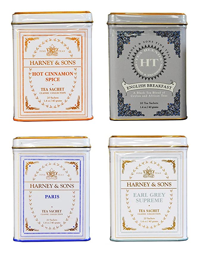 Harney & Sons Cup of Tea Variety Pack of 4 - Hot Cinnamon Spice, English Breakfast, Paris, Earl Grey Supreme
