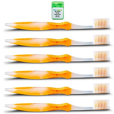 Sofresh Flossing Toothbrush - Adult Size Extra Soft | You Choose Color and Quantity (6, Orange) | Bundle with (1) WELdental Mint Xylitol Dental Floss Travel Size