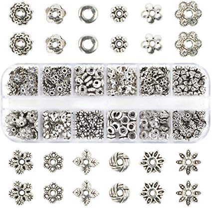 Quefe 360pcs Silver Spacer Beads Caps of 12 Styles Jewelry Accessories for Bracelet Necklace Jewelry Making
