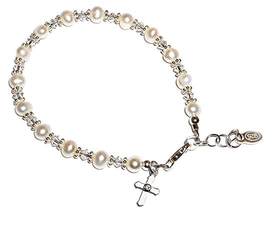 Children's Sterling Silver Cross Baptism and Communion Bracelet with Cultured Pearl and Swarovski Crystal