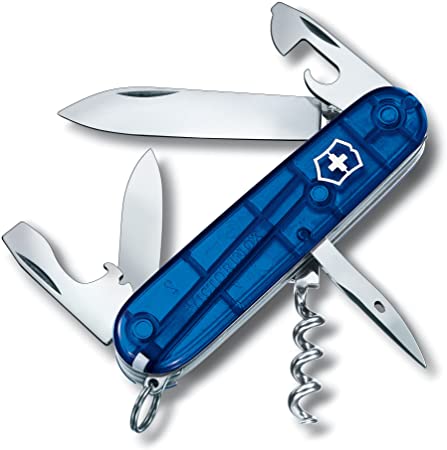 Victorinox Spartan Swiss Army Pocket Knife, Medium, Multi Tool, 12 Functions, Blade, Bottle Opener, Blue Transparent