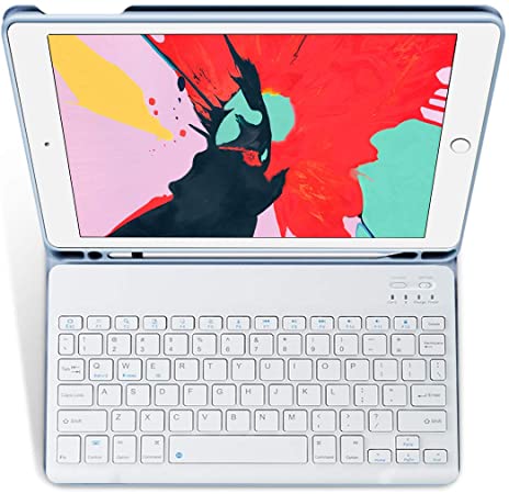 KenKe 10.2 iPad 8th Gen (2020)/7th Gen (2019) Keyboard Case with Pencil Holder Soft Back Cover, Magnetically Detachable Wireless Bluetooth Keyboard case for iPad 7th 8th Generation 10.2 inch-White ice