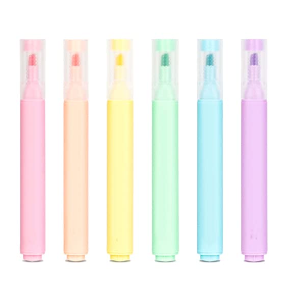 deli 6 Bright Pastel Color Marker Highlighter Pen, Low Odor, Non-Toxic, Dry Fast, Chisel Tip: Highlighter for Students (Flat)