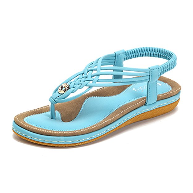 Socofy Bohemian Sandals,Women's Knitting Flats Handmade Clip Toe Elastic Beach Wear Summer Casual Shoes