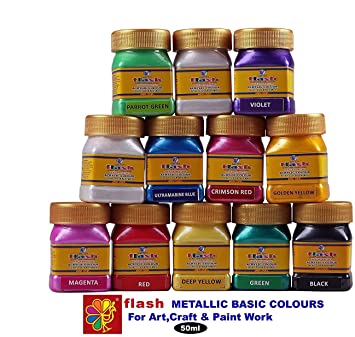 Flash Premium Metallic Acrylic Paint (Metallic Basic Color x 12 Shades),(50 ml,1.7 oz), Highly Pigmented & Fade-Resistant, Non-Toxic, Multi-Surface Paint for Artists, Hobby Painters & Kids