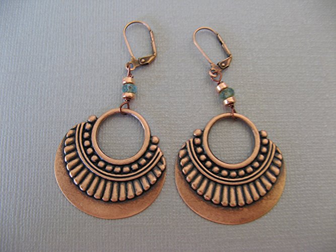 Czech Glass Copper Plated Earrings Dangling Ornamental Hoop Boho Artisan Jewelry