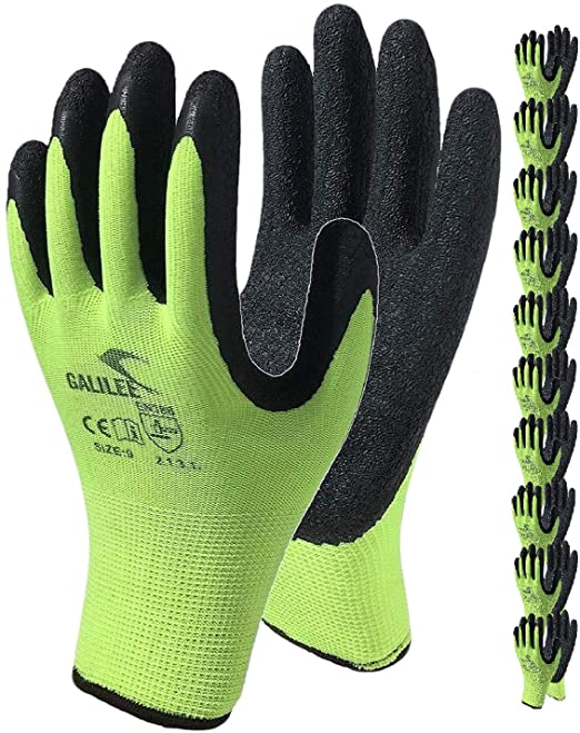 Coated Work Gloves for Men and Women, 10-Pair Pack, Safety Gloves for Working, Gardening, Utility, Rugged Latex Rubber Firm Grip Coating (Medium, Green)